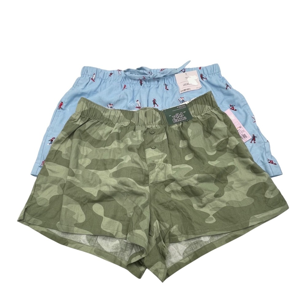 Auden Wild Fable Pajama Shorts 2 Pack Camo Flannel Skier Blue Green Small NEW